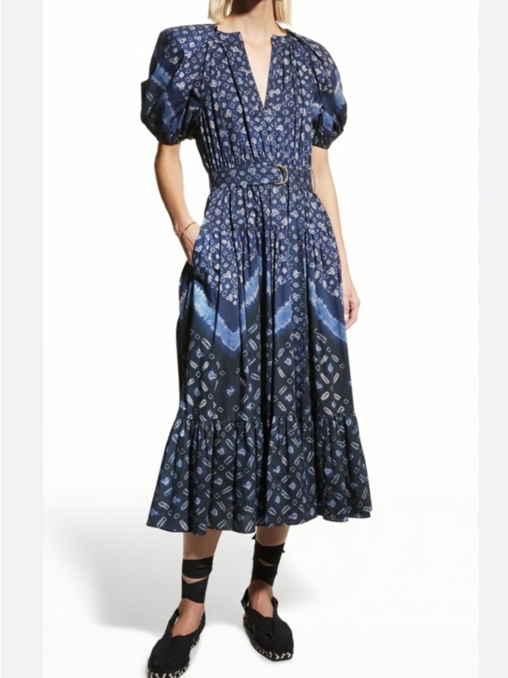 Ulla Johnson Navy Patterned Midi Dress with Belt